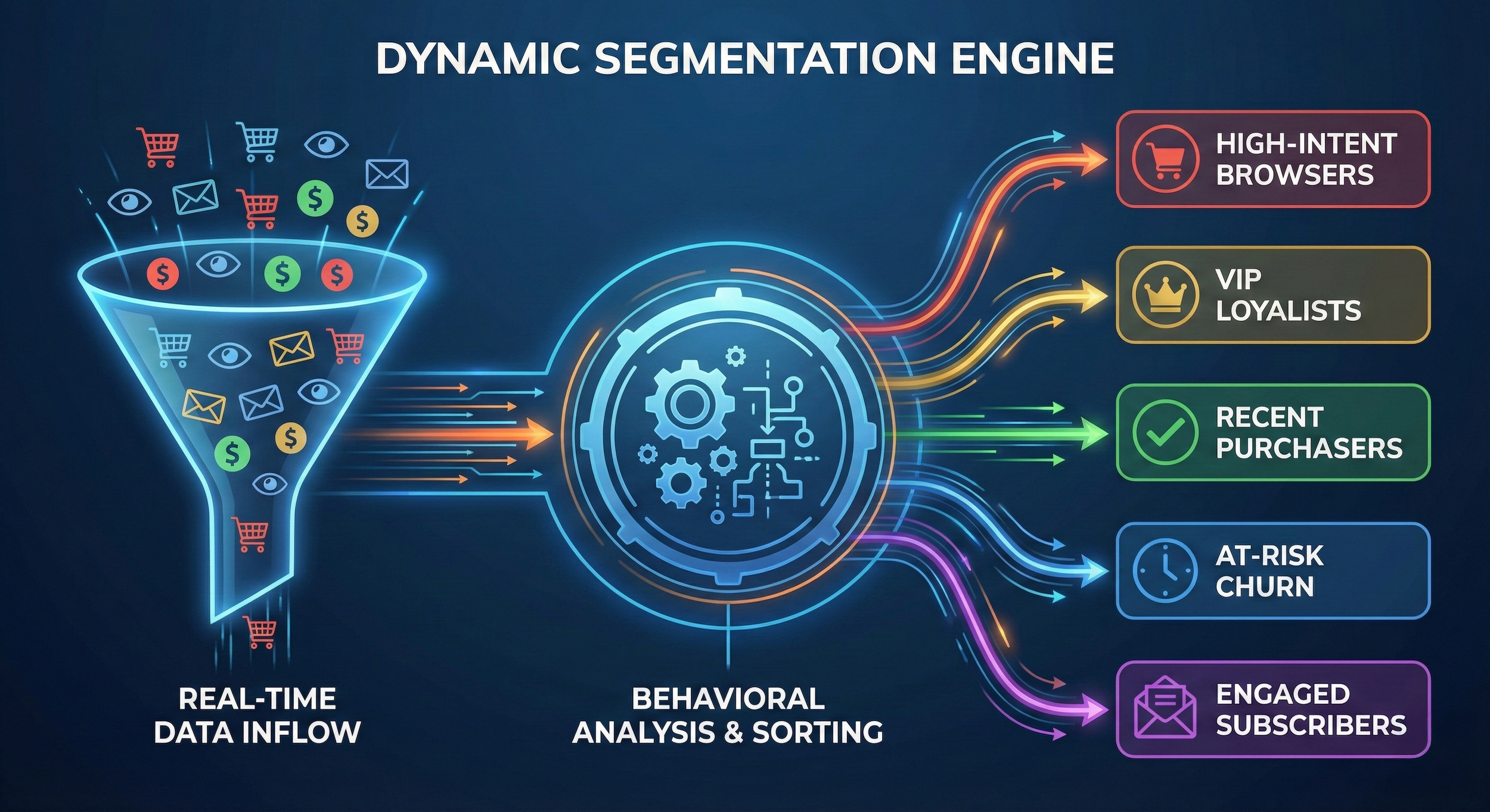 Diagram of a dynamic segmentation engine showing real-time data inflow with icons of shopping carts, emails, eye symbols, and dollar signs. Data is processed through behavioral analysis and sorting, then segmented into groups: high-intent browsers, VIP loyalists, recent purchasers, at-risk churn, and engaged subscribers, represented by icons and color-coded labels.