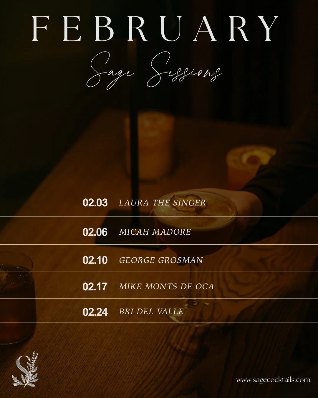 FEBRUARY LIVE MUSIC🍸

The lineup this month is stacked. Mark your calendars, and come see your favorite performances at Sage.

🍷🎤✨
#sagecocktailswh