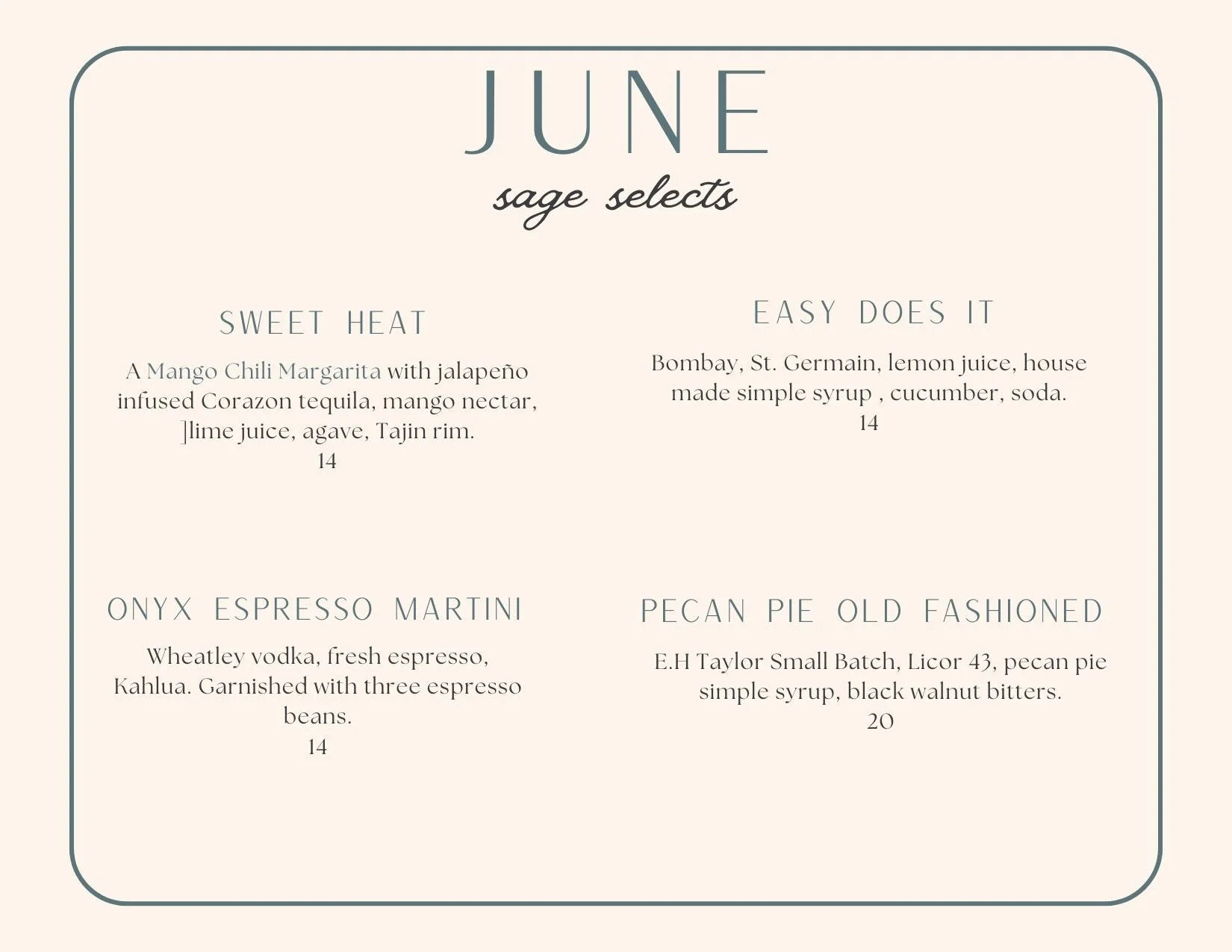 June Sage Selects 🍸🏊

Tequila? Gin? Vodka? Bourbon? These June cocktails have all the options. One month to try them, no reason to waste time.

Open today from 2pm-10pm and ALL DAY HAPPY HOUR MONDAYS ✨

🍾✨🍻
#sagecocktailswh