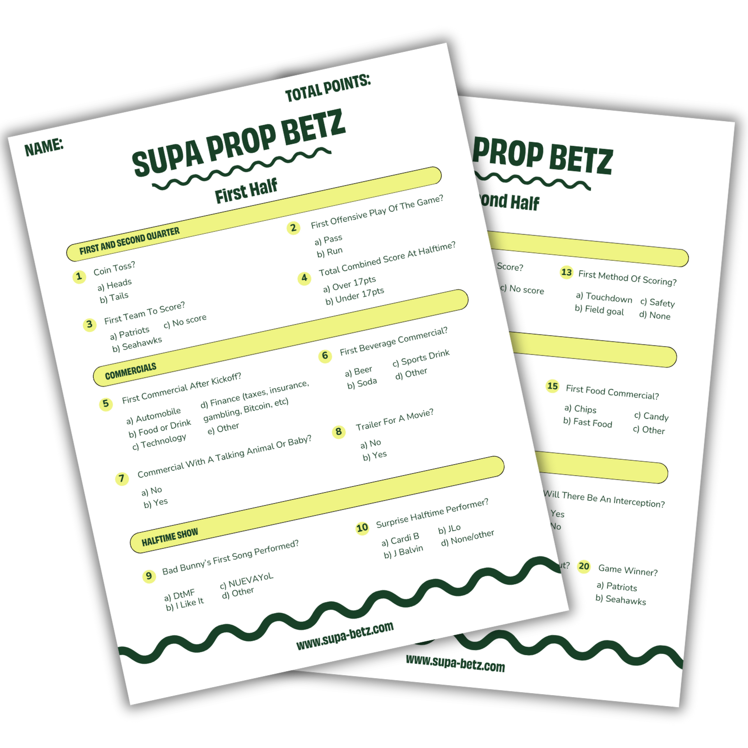 Printable Super Bowl prop bets game from Supa Prop Betz for party guests playing for fun, money, or bragging rights.