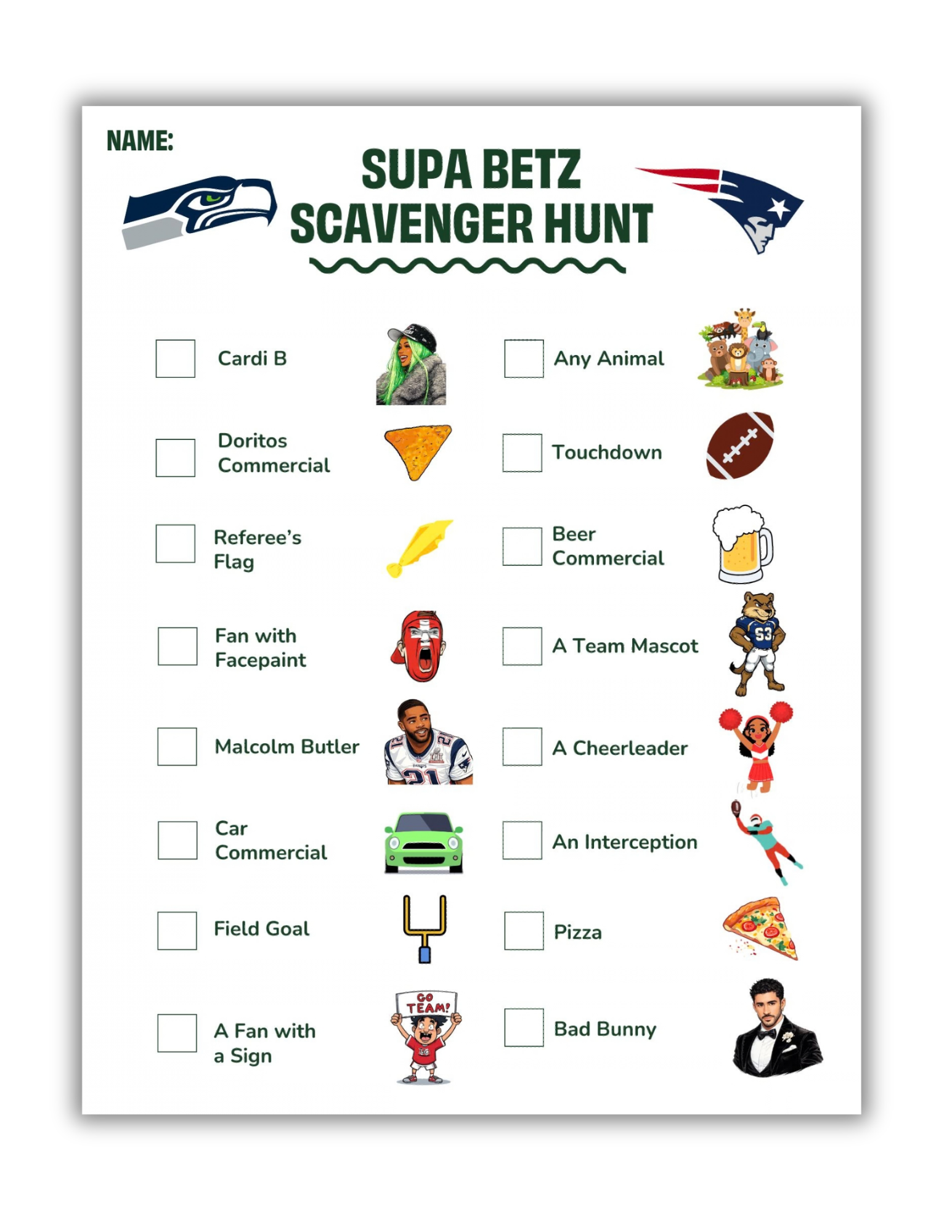 Super Bowl scavenger hunt party game designed for kids, casual fans, and short attention span viewers.