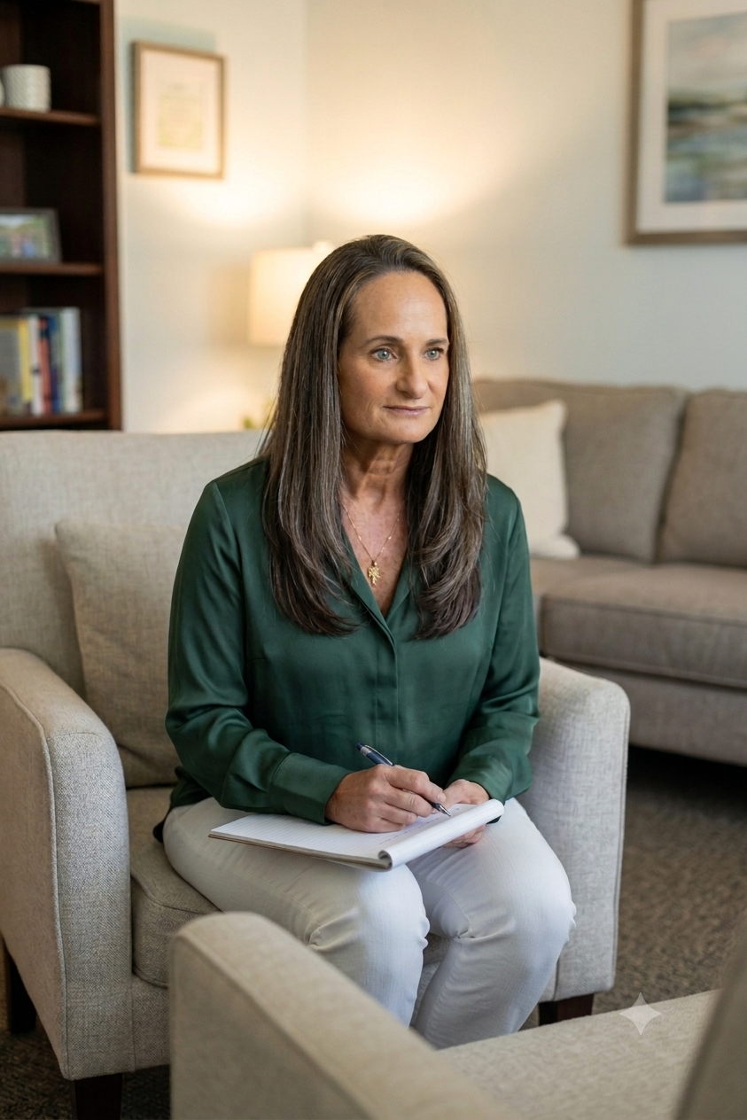 Anita Bardsley, LMFT, in conversation with a client in a warm, comfortable therapy office