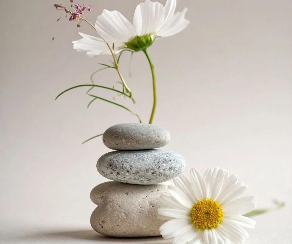 A small stack of three smooth stones with a white cosmos flower and pink wildflowers growing from the top, and a white daisy resting beside the base