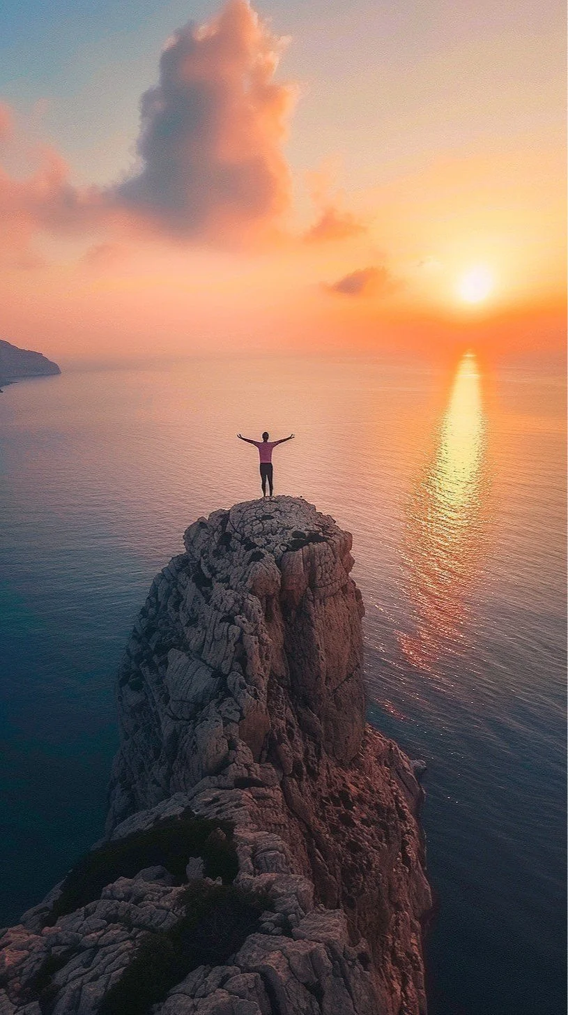 A person standing on a cliff above the ocean at sunrise, symbolizing personal growth and emotional healing through East Bay therapy in Orinda, CA.