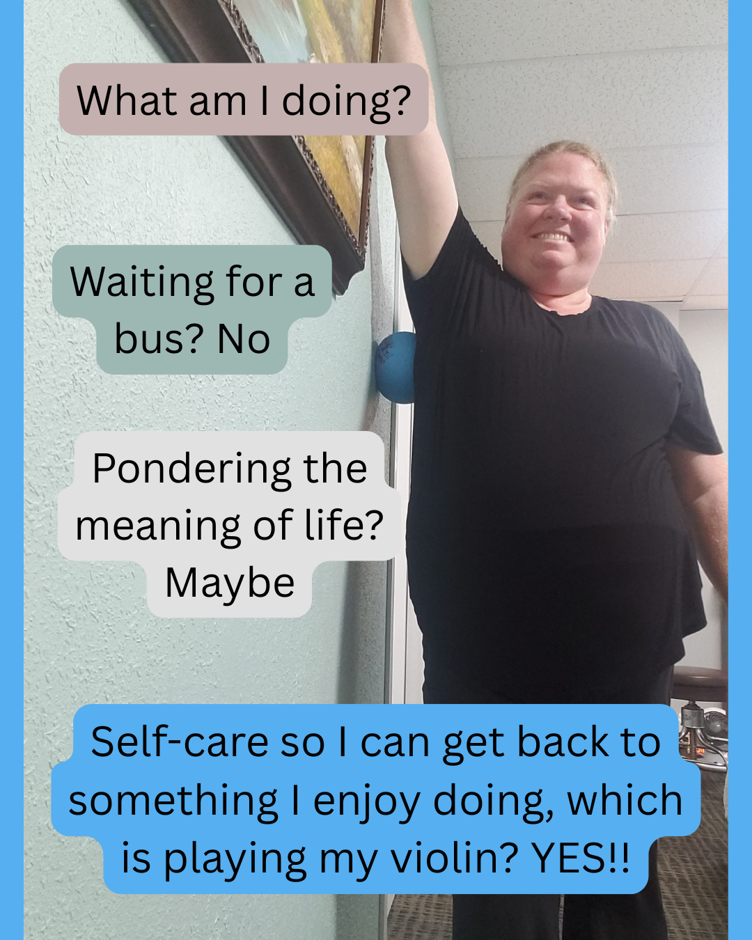 Woman using a soft ball against the wall for shoulder pain relief and mobility before violin practice in El Cajon San Diego