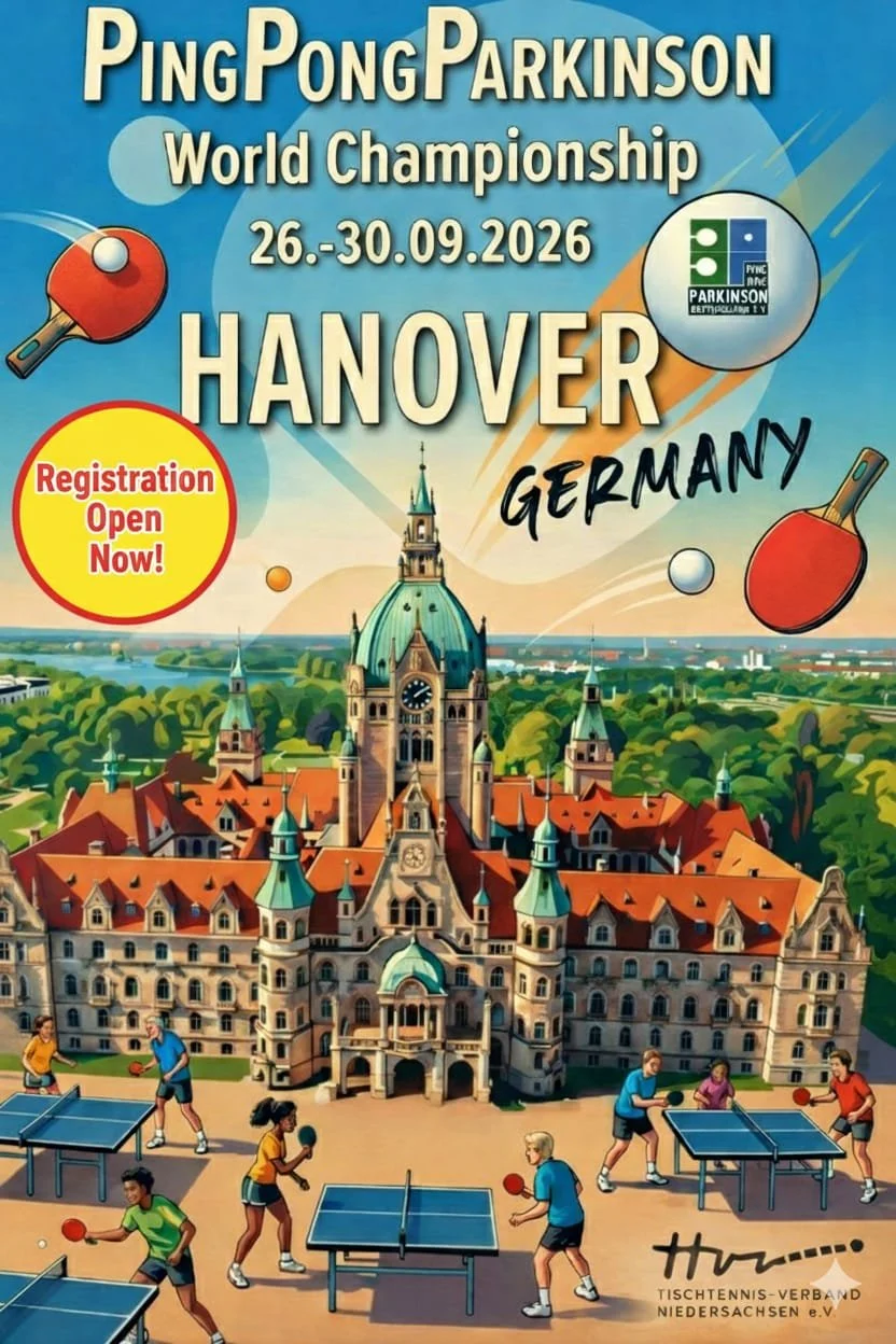 A poster announcing the title and dates of the PingPongParkinson World Championship with images of table tennis tables, paddles and balls around a historic building.