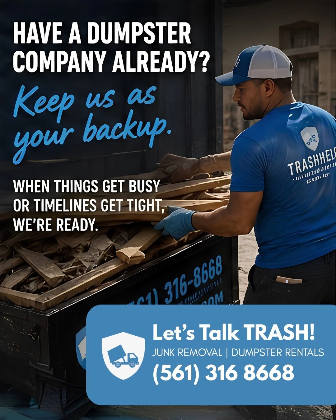 Already have a dumpster company? No problem.

Sometimes you just need a backup you can call when things get busy, timelines get tight, or your regular provider is booked out.

That&rsquo;s where we come in.

Reliable backup. Fast communication. No ov