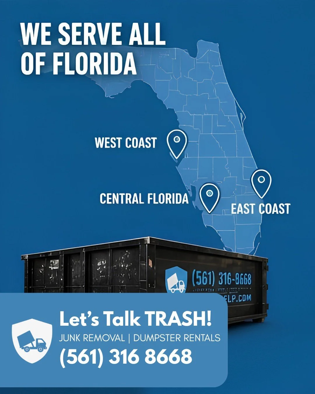Florida is big. Projects are everywhere. Trash does not care about county lines 😂

That&rsquo;s why we&rsquo;ve got coverage across the East Coast, West Coast, and Central Florida.

Whether you need regular support, overflow help, or a dumpster some