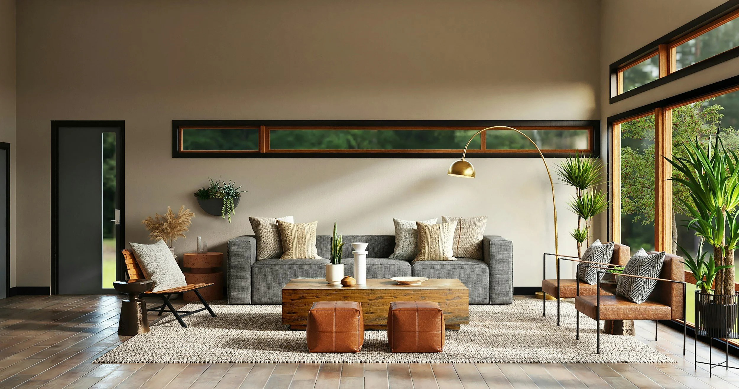 Modern living room with large windows, gray sofa, wooden coffee table, leather ottomans, potted plants, and minimalist decor.