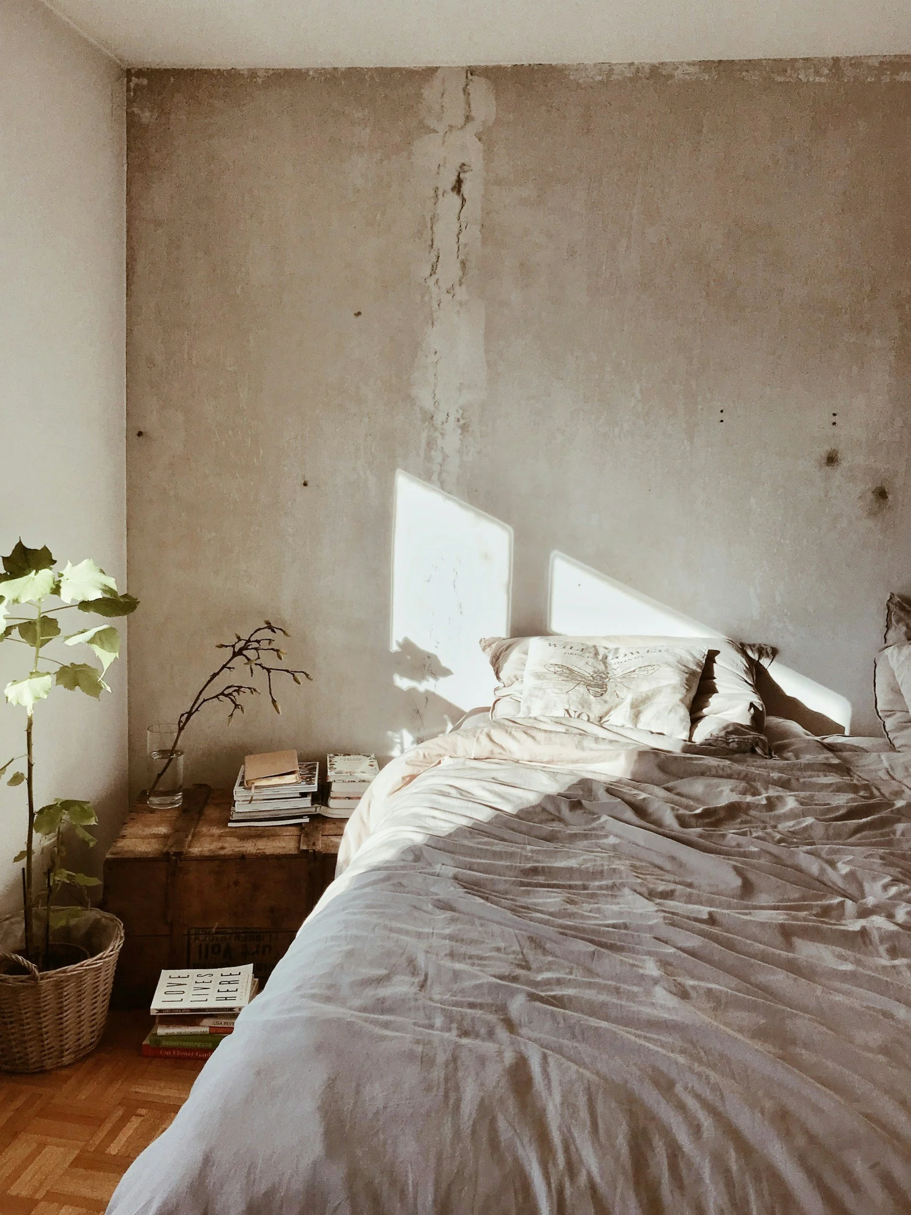Unmade bed with a pillow on top, a wooden nightstand with a stack of books, a basket with a plant, and a textured wall in a bedroom illuminated by natural light.