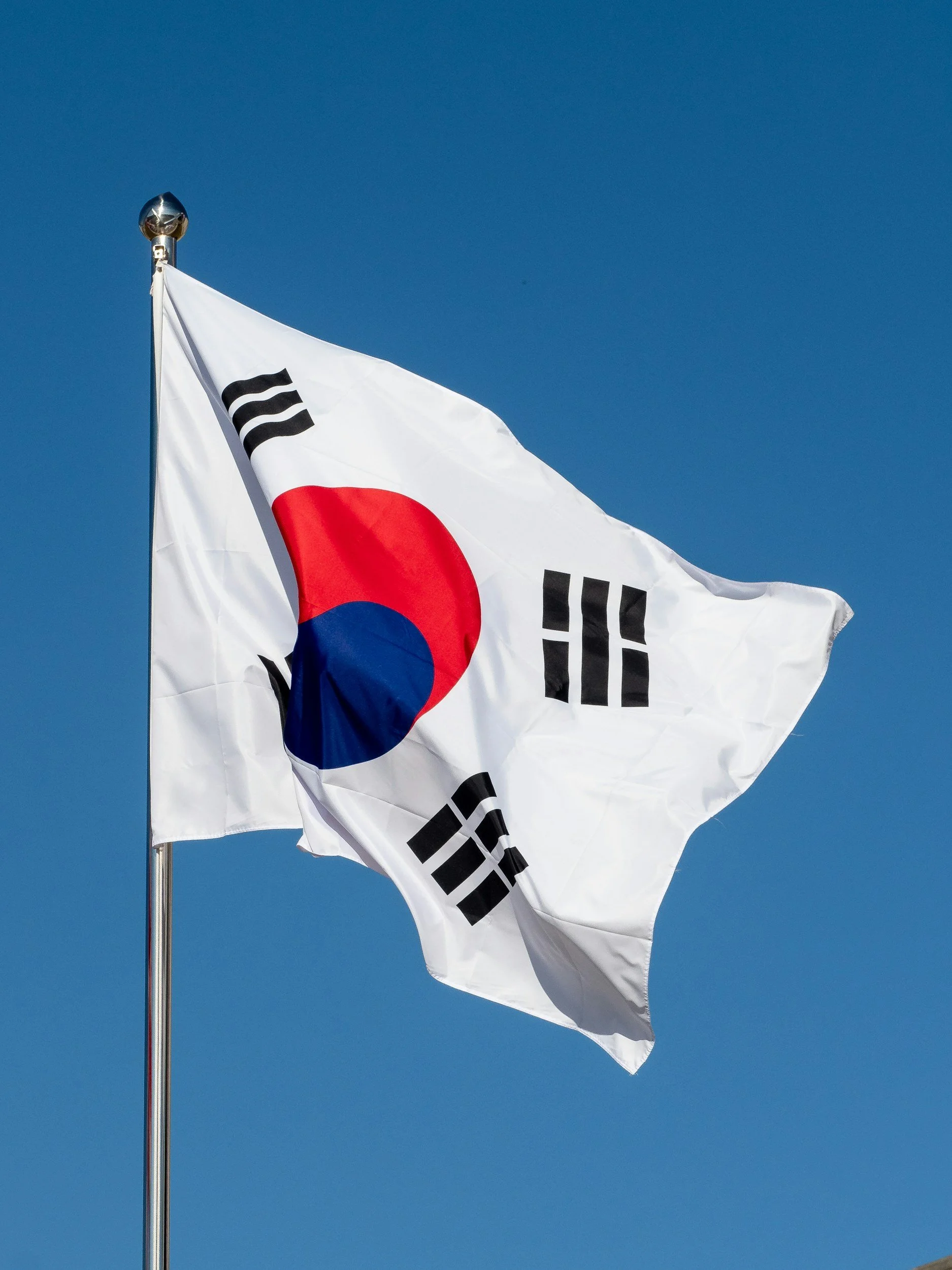South Korean flag waving against a clear blue sky, symbolizing cultural pride, identity, and heritage in Korean American therapy.