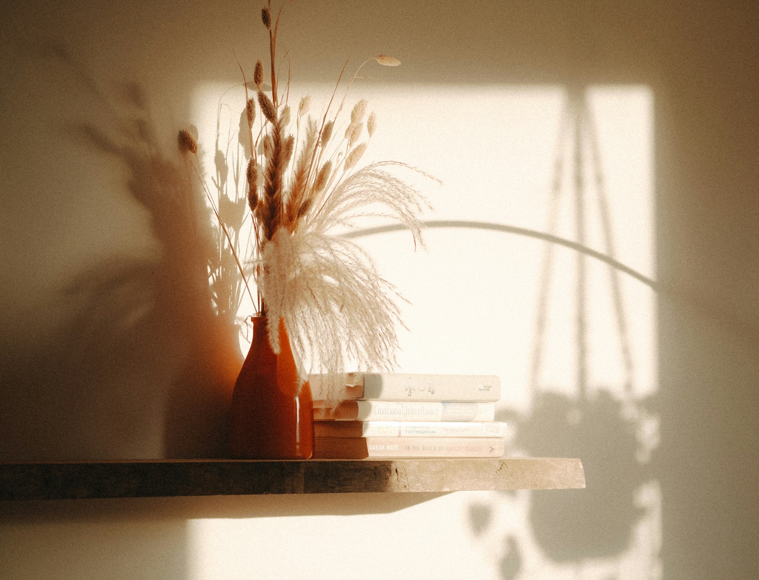 Sunlight casting soft shadows on a beige wall with a ceramic vase of dried grass and a small stack of books — evoking warmth, calm, and reflection, representing the gentle growth and grounded atmosphere of Gradients Counseling.