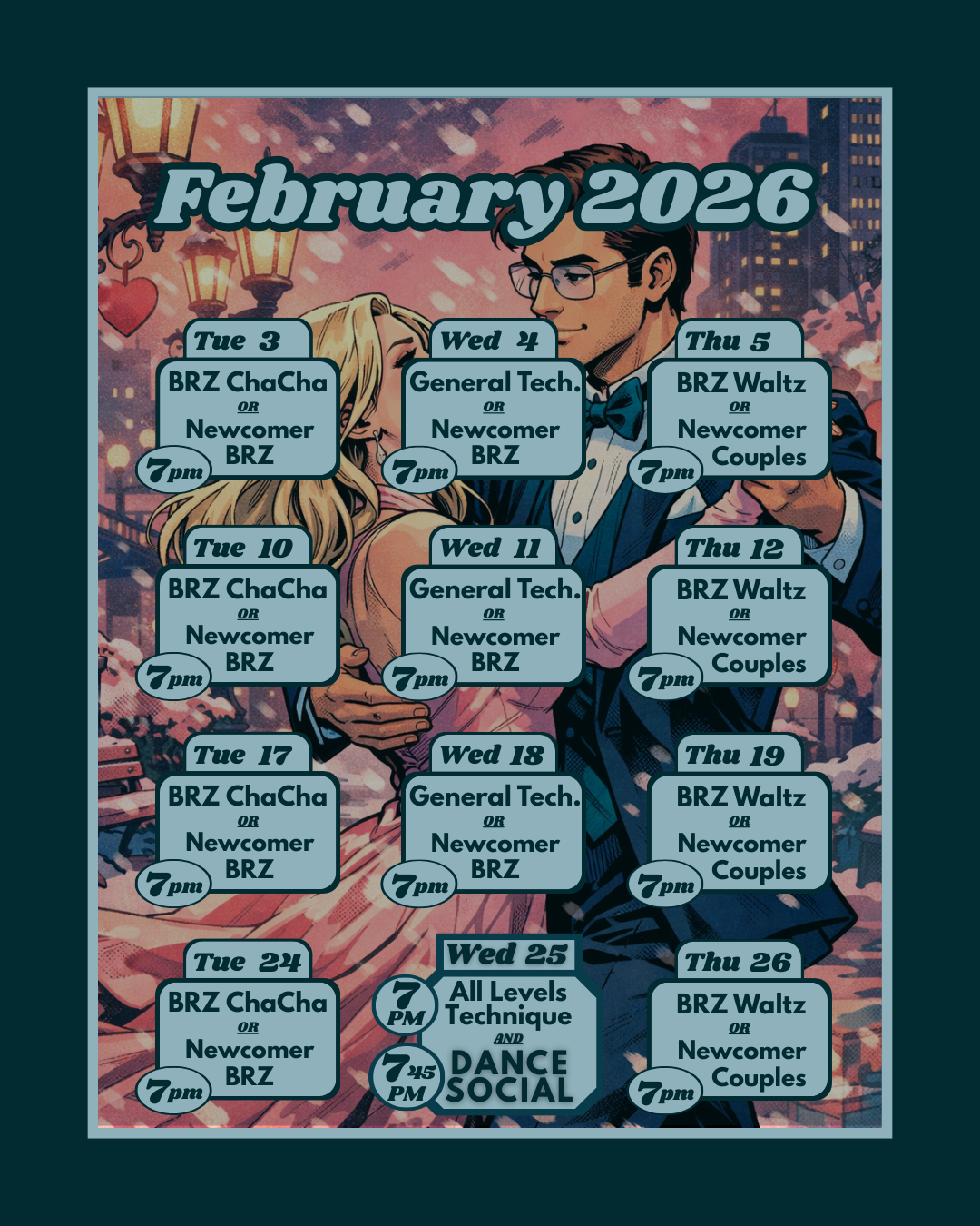 February 2026 social event calendar featuring dance classes and social dance events, with a background illustration of a couple dancing in a city setting at night.