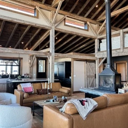 Interior view of a custom home built with timber framing.