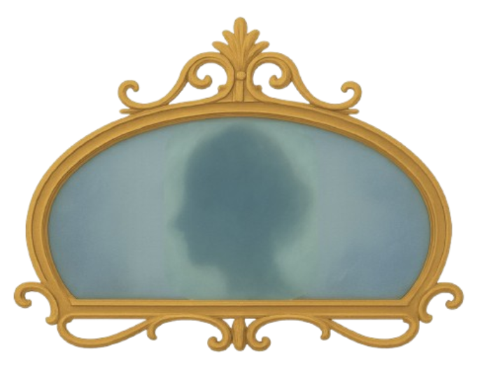A vintage-style mirror with a gold ornate frame reflecting a blurred profile of a person's face.