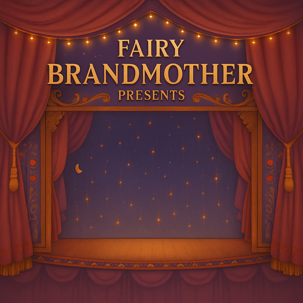 Stage with red curtains, golden string lights, purple backdrop with stars and a crescent moon, and large gold lettering that reads "Fairy Grandmother Presents".