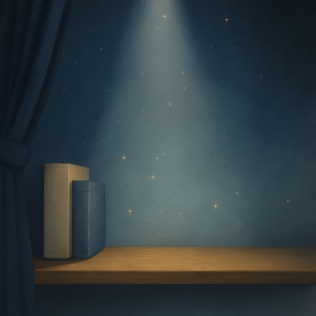A wooden shelf with three books inside a dimly lit room. The wall behind the shelf is painted with a starry sky pattern, and a dark curtain is partially visible on the left side.