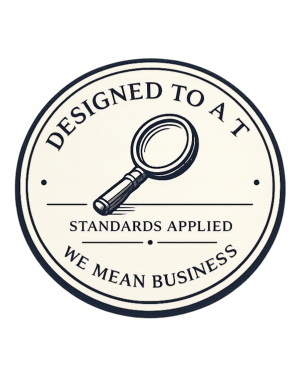 A circular badge with a magnifying glass illustration. The text around the badge reads 'Designed to a T,' 'Standards Applied,' and 'We Mean Business.'