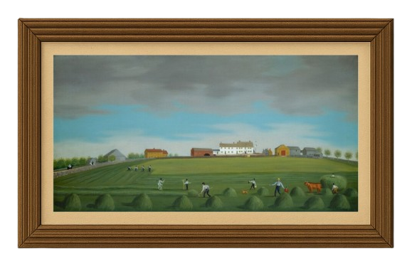 Painting of a farm scene with people working in a field, animals, and buildings under a cloudy sky, framed in wood.
