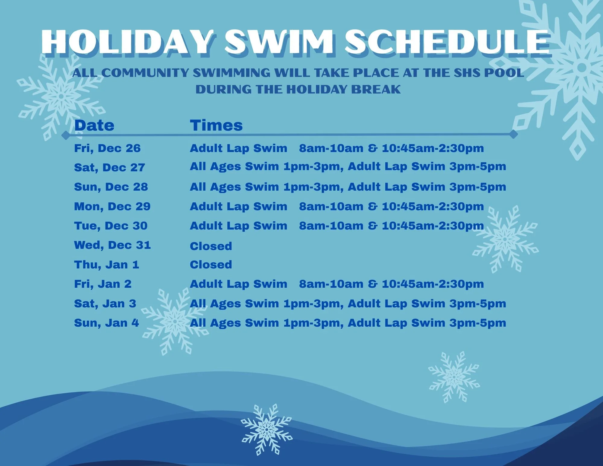 Shorewood Holiday Swim Schedule 2025-2026