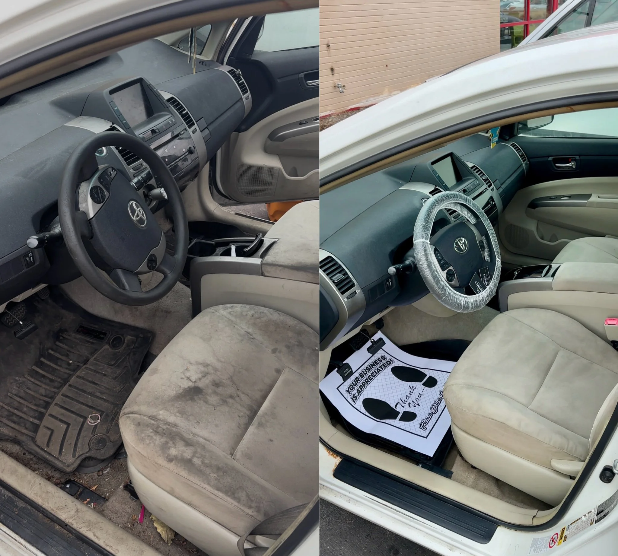 Before and after of a deep interior clean in Lansing, MI, showing complete removal of coffee stains and dirt buildup from light-colored upholstery.