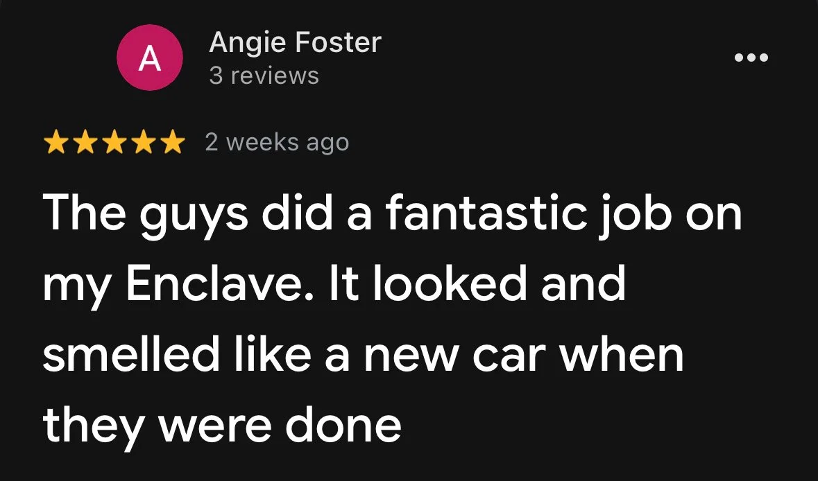 Screenshot of a review by Angie Foster, who gave five stars, praising a car detailing service and saying it looked and smelled like a new car after it was finished.