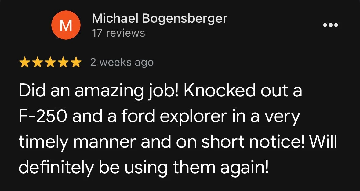 Customer review of Michael Bogensberger, five-star rating, praising work on F-250 and Ford Explorer, mentioning timely service and intention to use again.