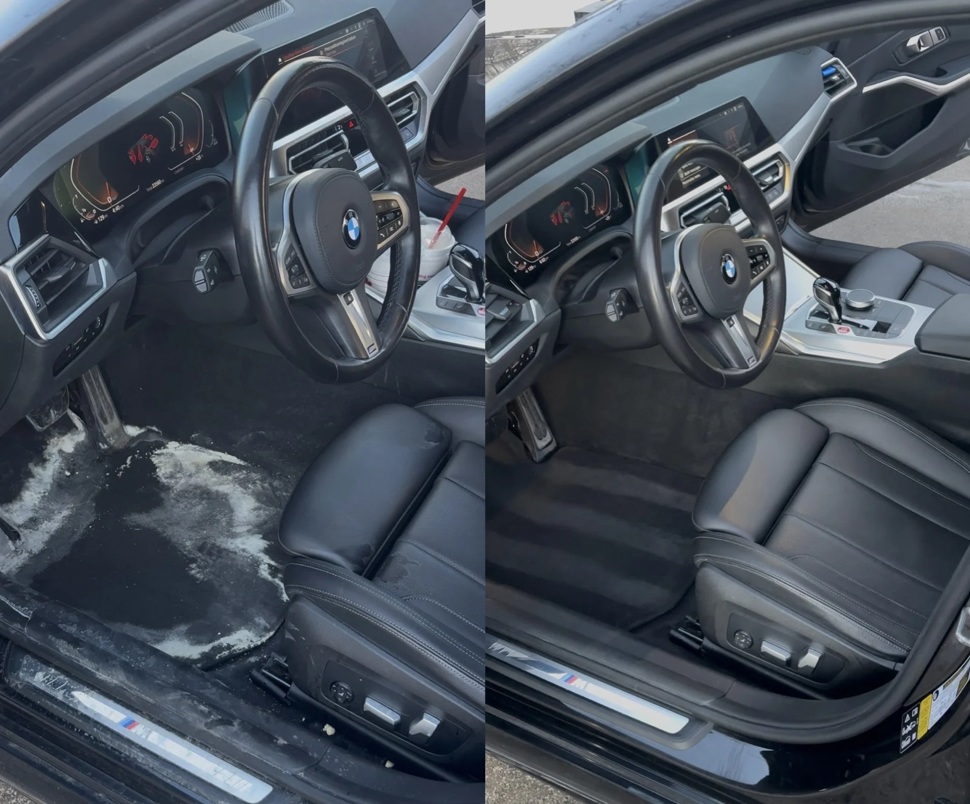 Before and after of winter salt removal from black car carpets. Professional interior detailing in Lansing, MI, restoring floors to a factory-clean finish