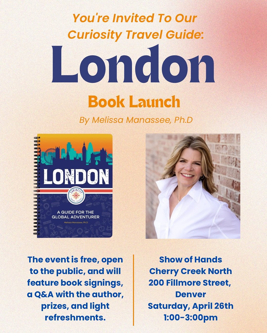 📚✨ You&rsquo;re Invited! ✨📚 Grab your friends and join us for an afternoon of adventure and inspiration as Denver author Melissa Manassee launches Curiocity Travel Guides: London! 🌍✈️ Enjoy a book signing, Q&amp;A, prizes, and light refreshments&m