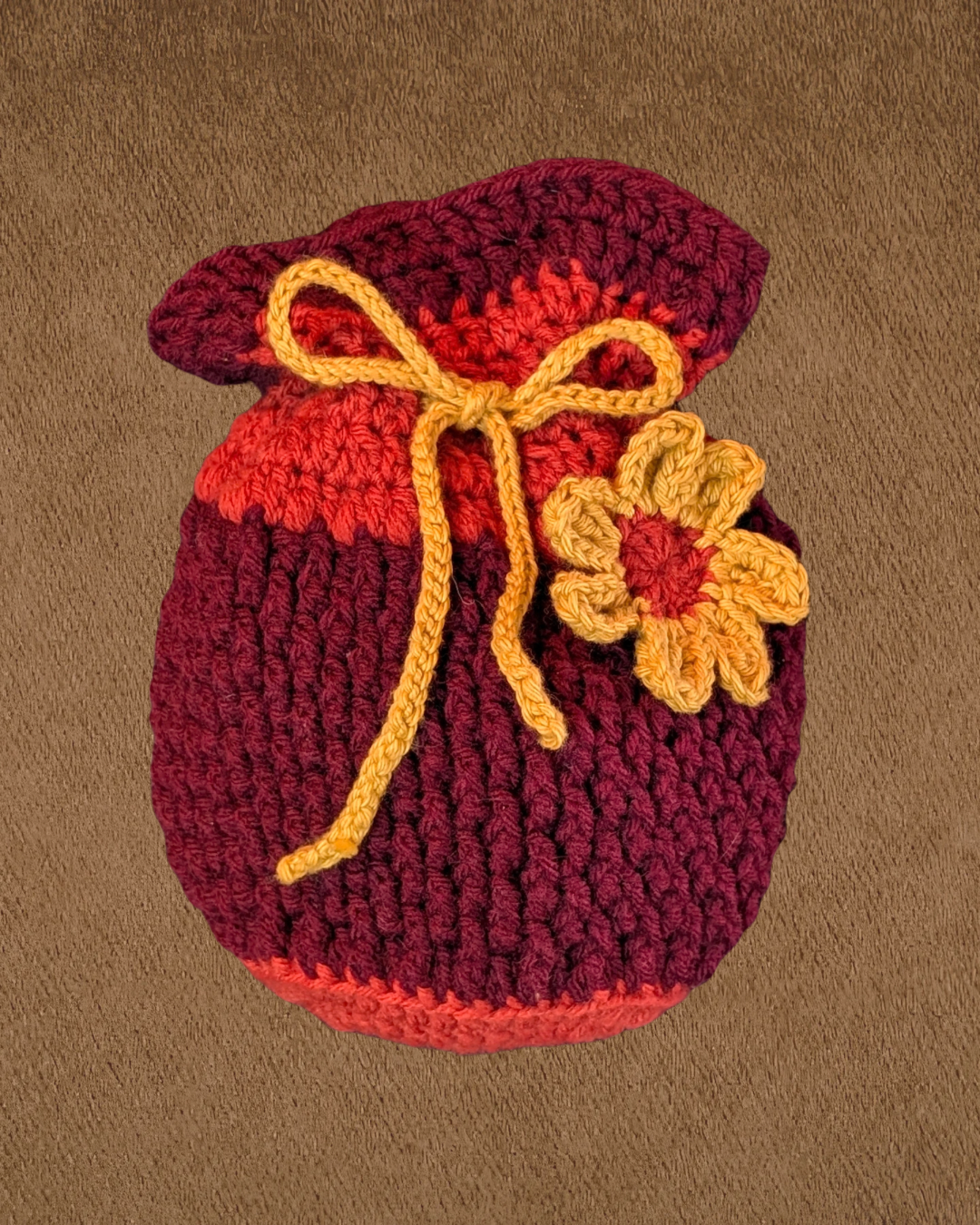 Crochet Loot Sack - Maroon with Yellow Flower