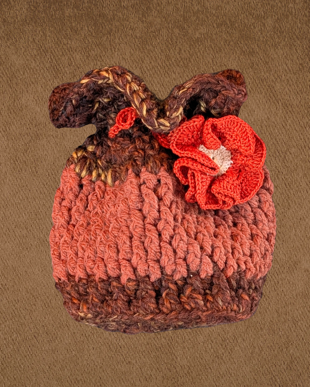 Crochet Loot Sack - Earth Tones with Orange Flower
