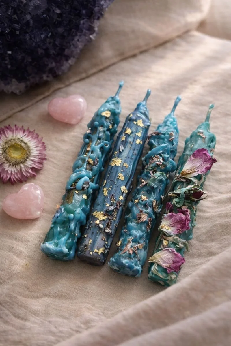Tide Baby Ritual Candle Set ✦ Rose-Anointed Mini Spell Wands (Set of 4)