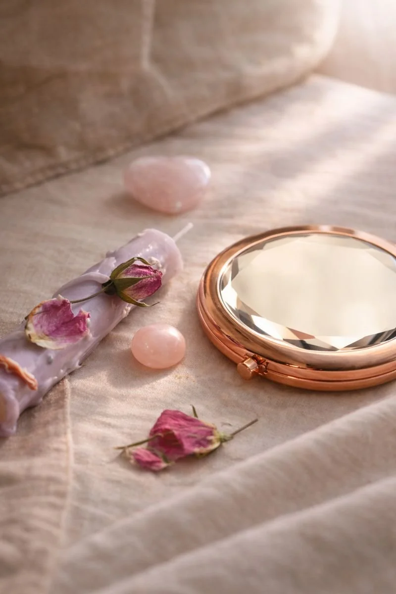 The Self-Love Mirror Spell Set ✦ Rose Quartz, Candle & Ritual Card