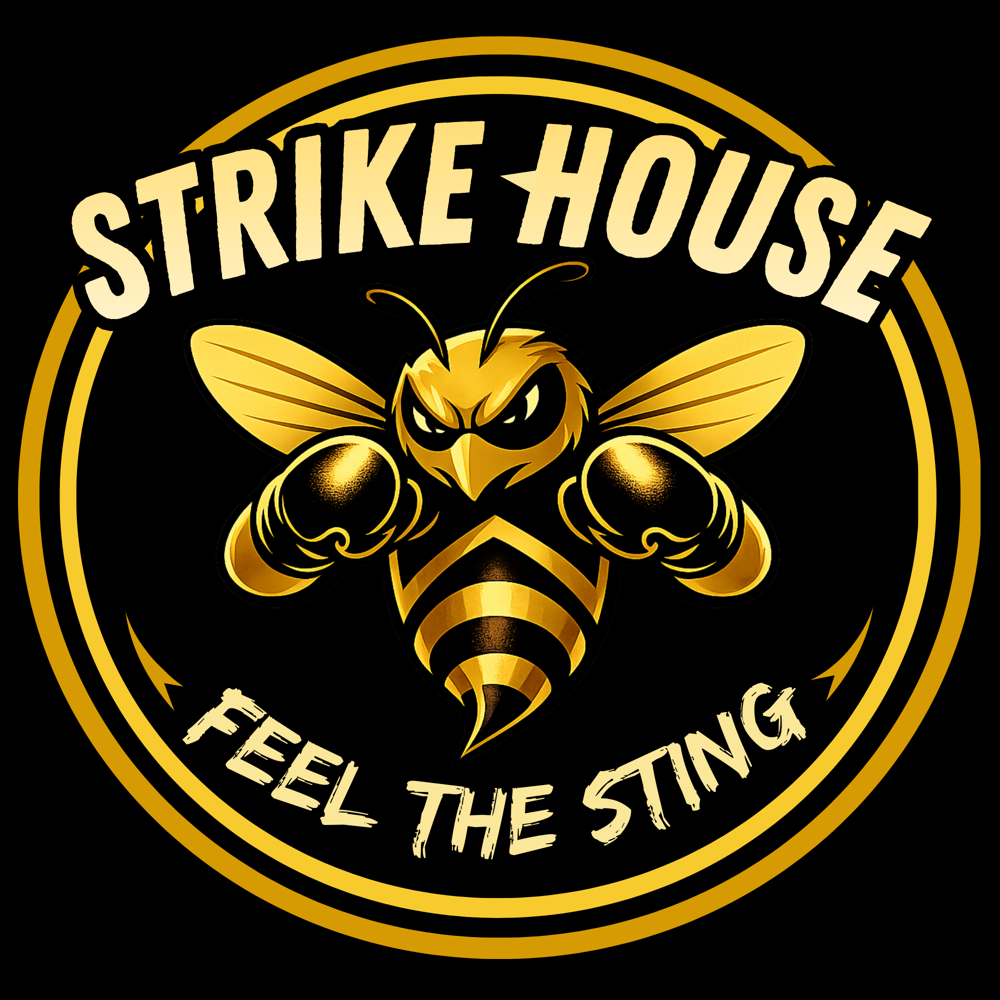 Gold and black circular emblem with the words 'Strike House' and 'Feel the Strike' around a fierce-looking bee with glowing eyes at the center.