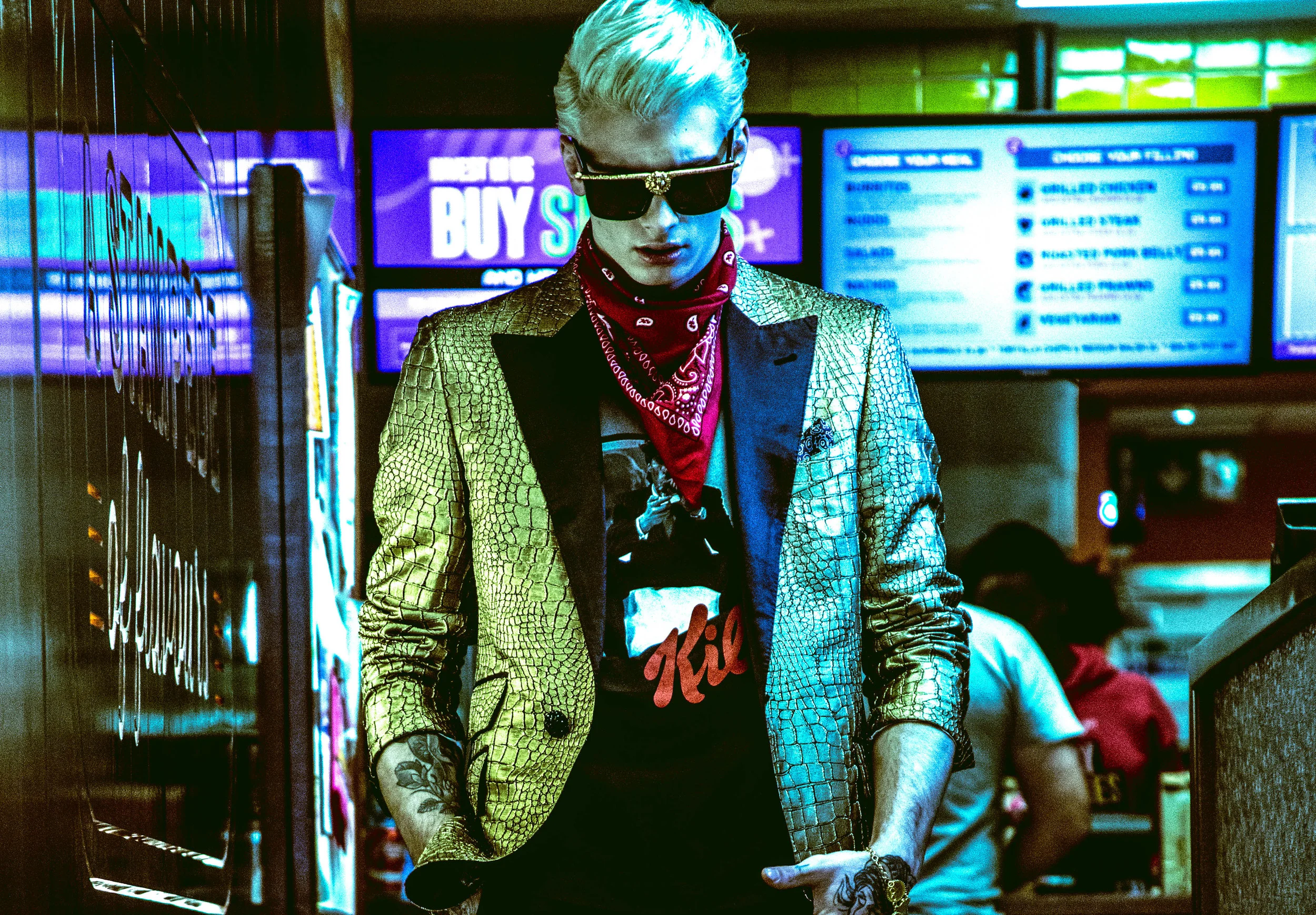   Blazer: Billionaire Couture T-shirt: Killer Official Bottoms: Blood Brother Shoes: JF London   Glasses: Anna-karin Karlson Jewellery: Illion  