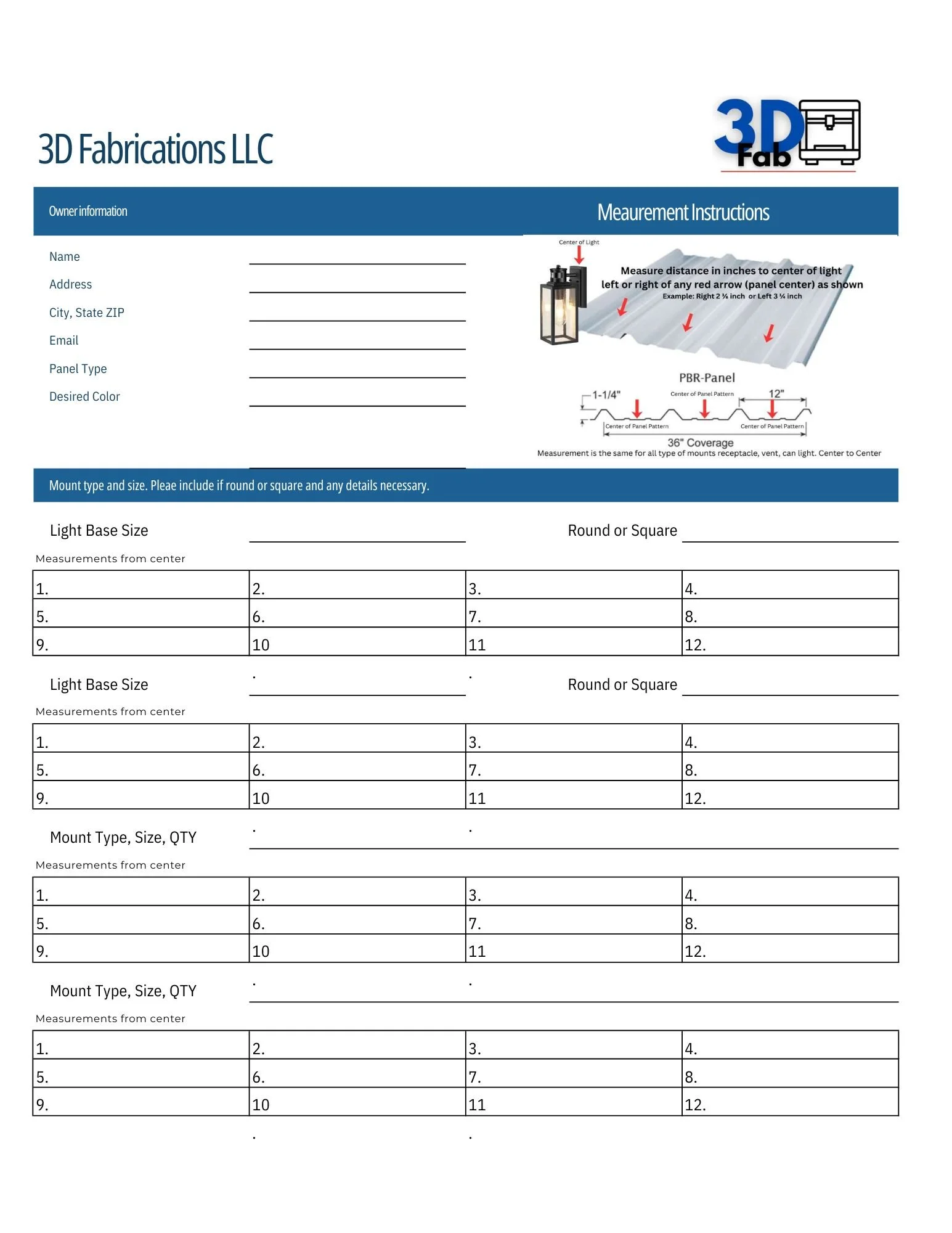 Measurement instruction sheet for 3D Fabrifications LLC, including details for measuring distance for panel installation and space for owner contact information.