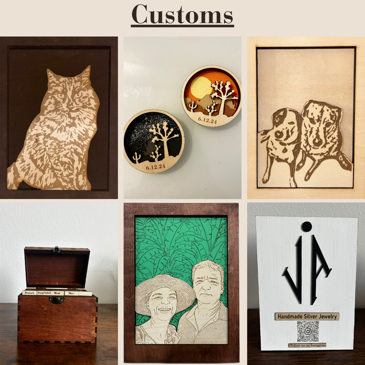 Transform your favorite memory, person, or place into a custom, one-of-a-kind wooden keepsake that will last a lifetime! We offer personalized wooden photos, magnets, and enjoy working with you to create new custom items such as signs, recipe boxes, 