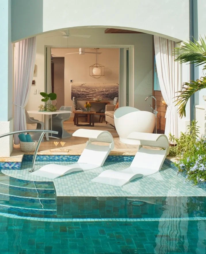 Luxury poolside area with two lounge chairs in the water, overlooking an open living space with modern furniture and decor.