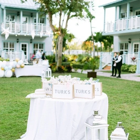 Table with gifts labeled "TURK" at an outdoor event on a lawn, with balloons, a tree, and a building with balconies in the background.