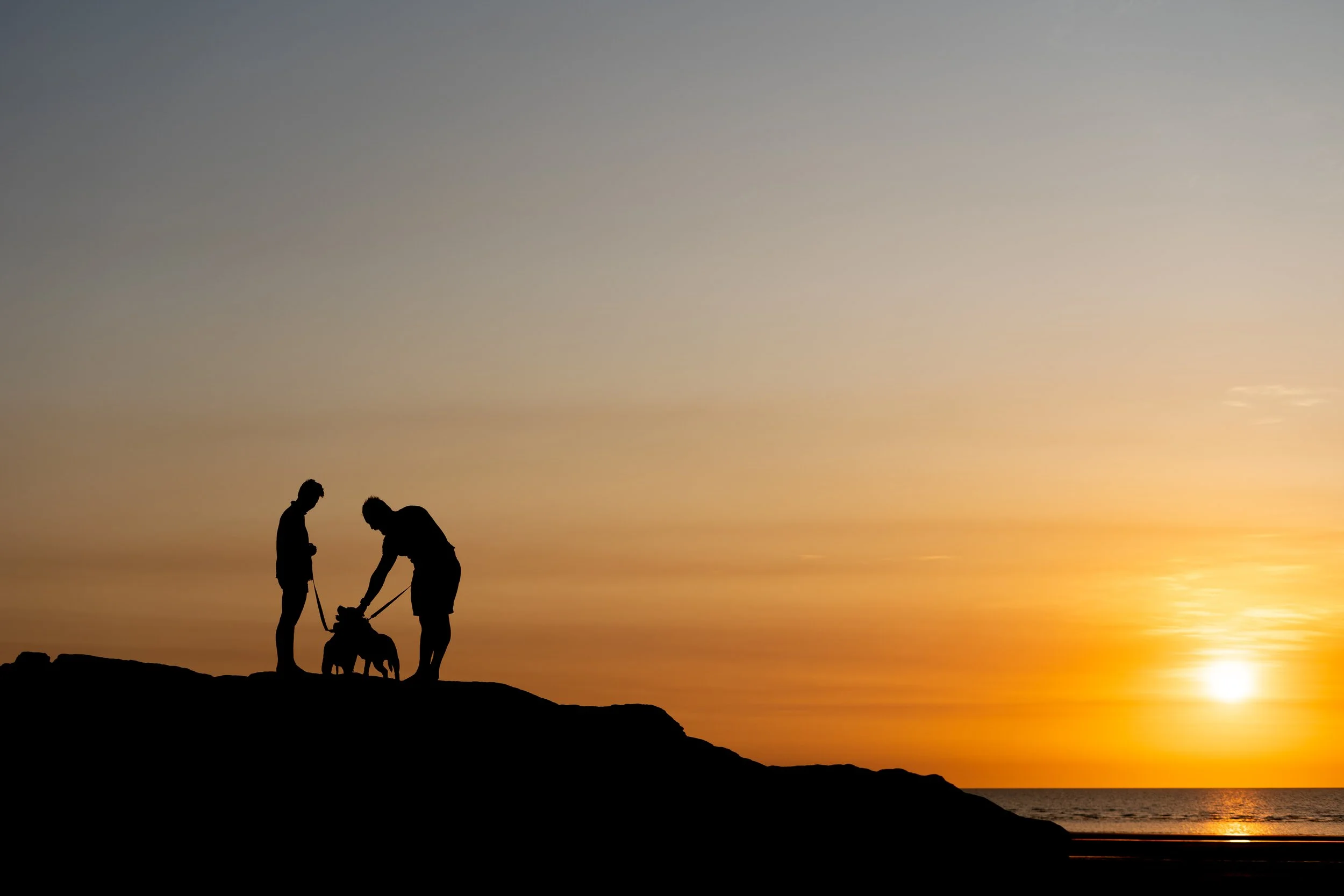 Silhouettes of two people and a dog on a hill at sunset.