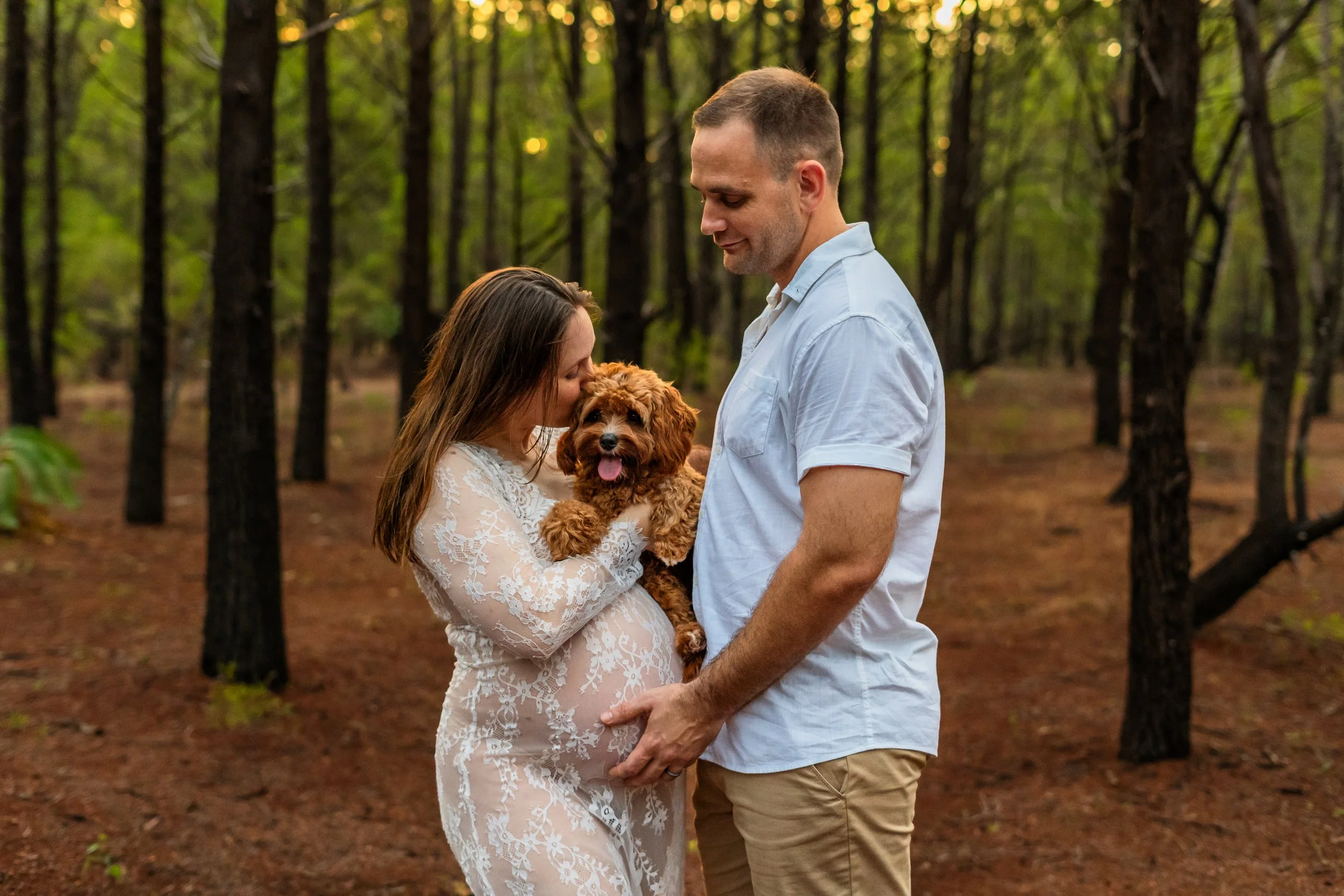 A pregnant woman in a white lace dress is holding a small brown dog in her arms while a man in a light blue shirt gently touches her baby bump. They are standing in a forest with tall trees and green leaves.