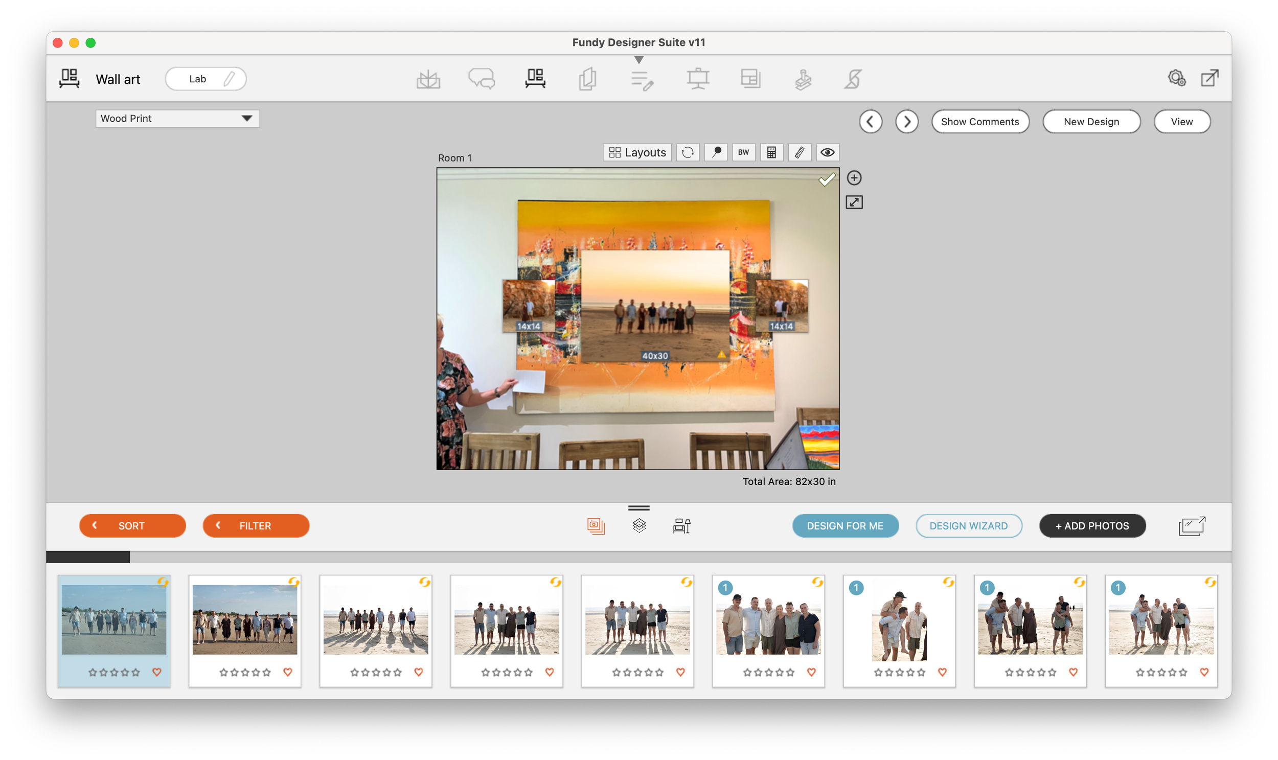 Screenshot of a computer screen showing an interior design software with an artwork arrangement and photo thumbnails at the bottom.