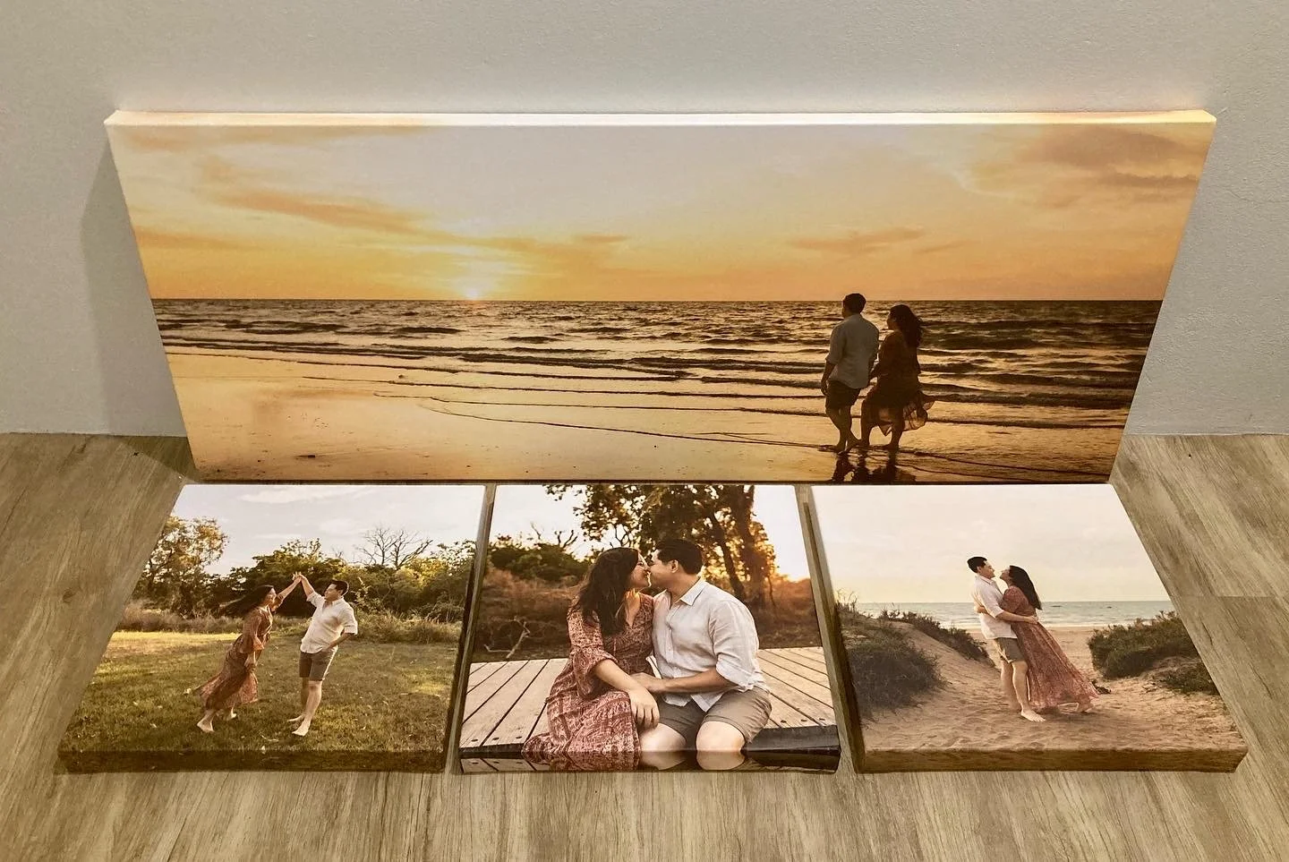 Four canvas prints featuring scenes of couples during sunset and outdoor activities.
