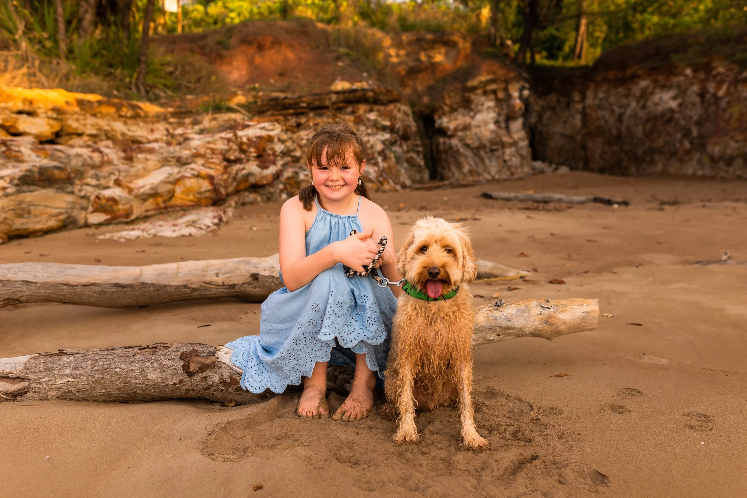 A young girl in a blue dress sitting on a driftwood log at the beach, smiling, with a golden curly-haired dog sitting beside her, both looking happy and relaxed, with a rocky cliff and green trees in the background during sunset.