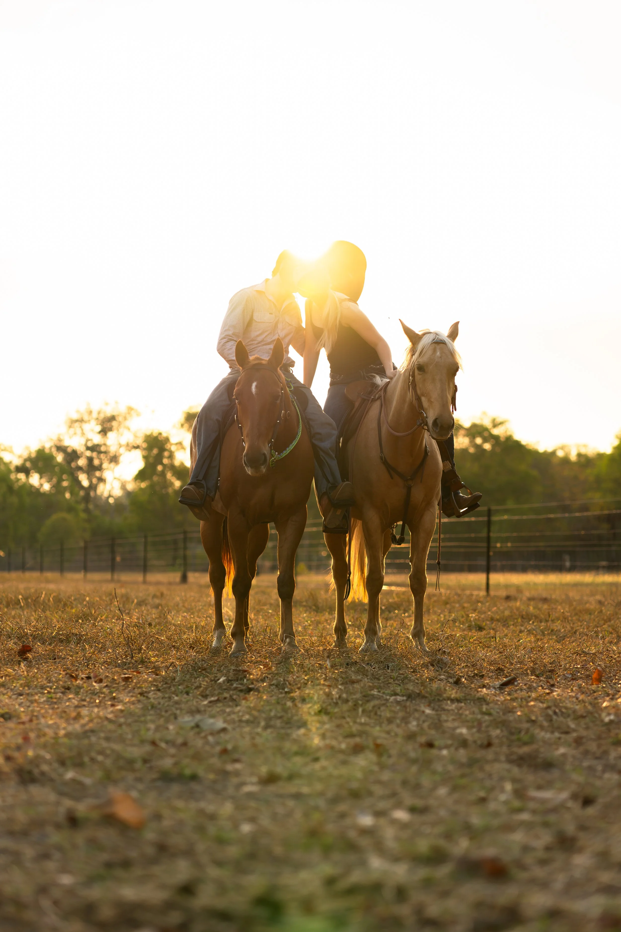 Two people riding horses together at sunset, with their faces touching and illuminated by the sun.