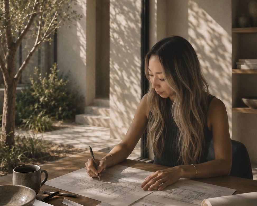 Thao Trinh Tropea sketching residential design concepts in natural window light.