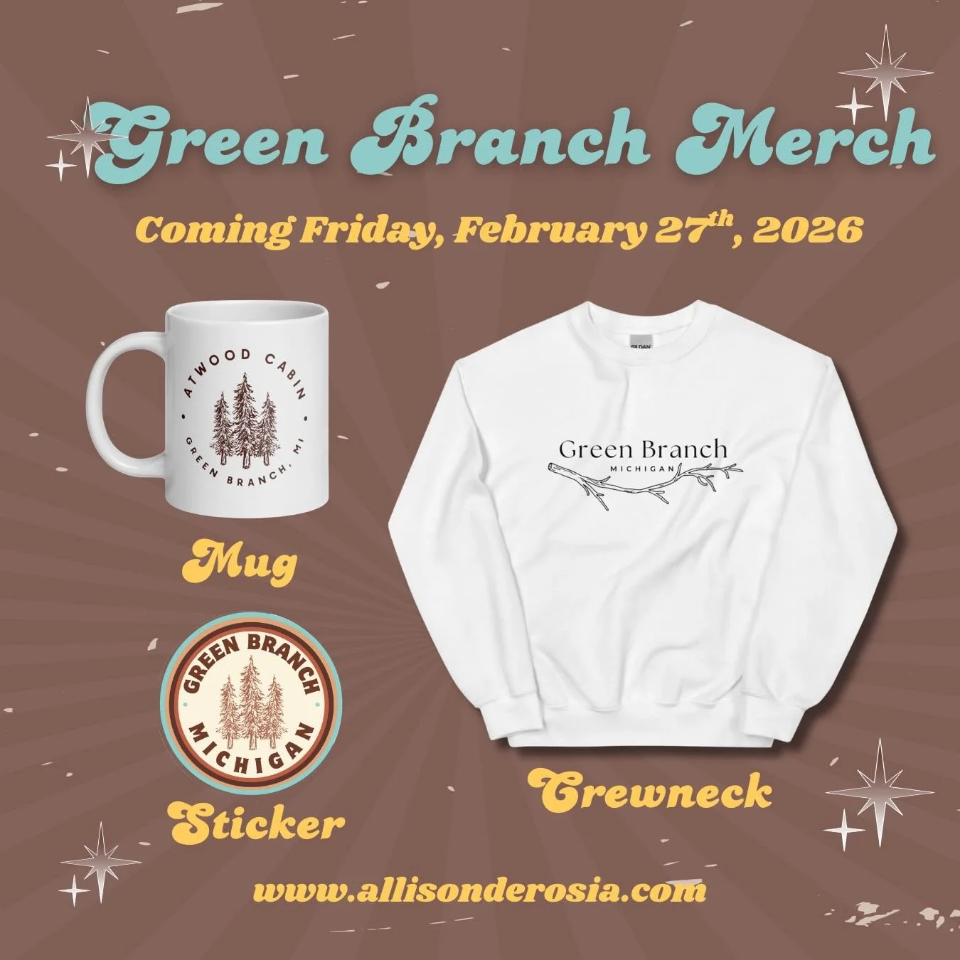3 months until TPYCH and now Green Branch Merch in 5 days! Coming to Allisonderosia.com 2-27-26 at Noon!🤭