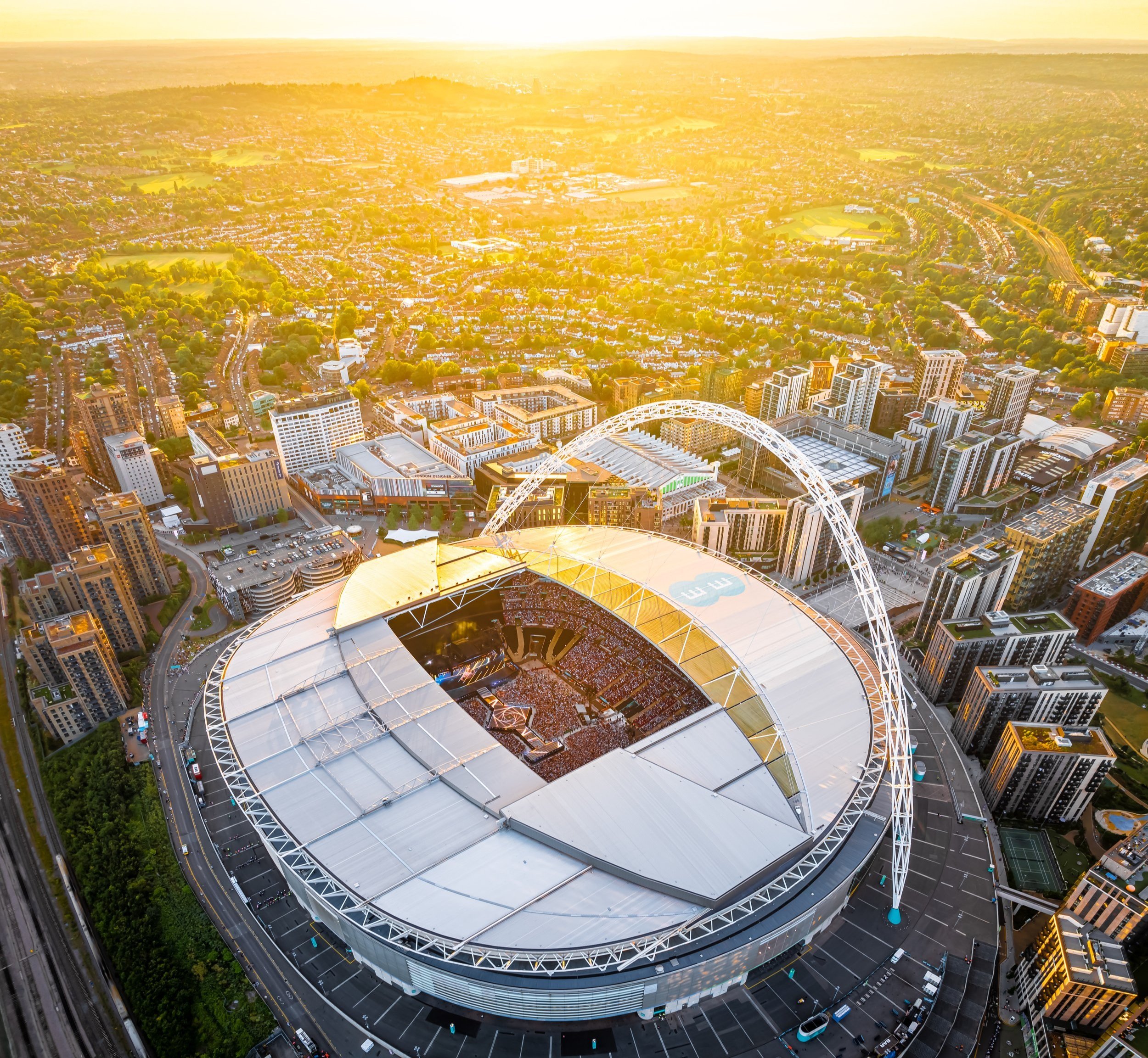 Aerial view of Taylor Swift Eras Tour at Wembley Stadium in London, UK.