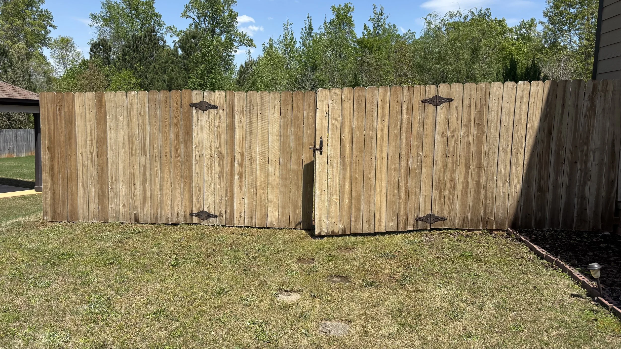 Wooden backyard fence with a door latch, surrounded by grass, trees, and blue sky.