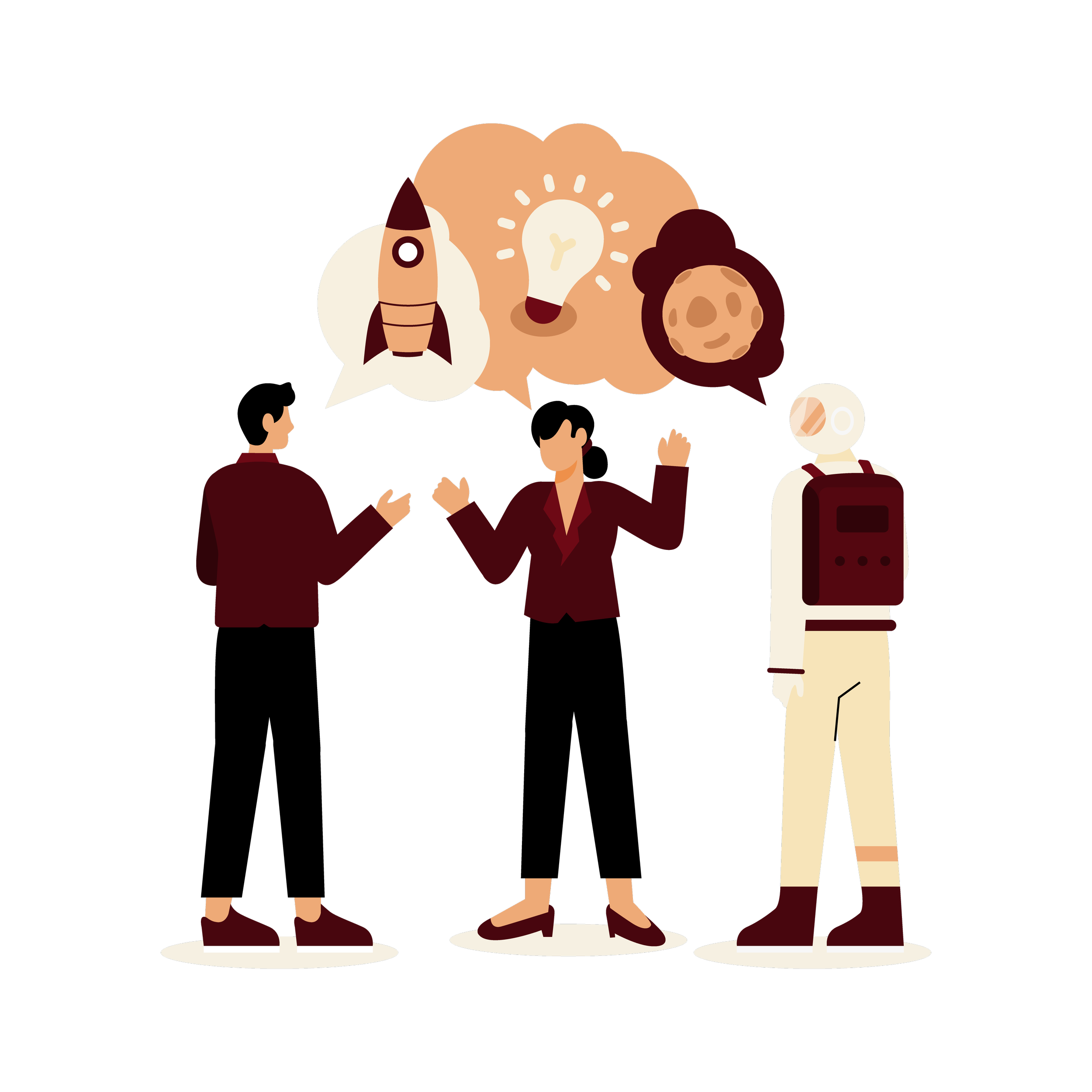 Illustration of three diverse people having a discussion with speech bubbles showing a rocket, glowing light bulb, and a cosmic scene, with a robot listening.